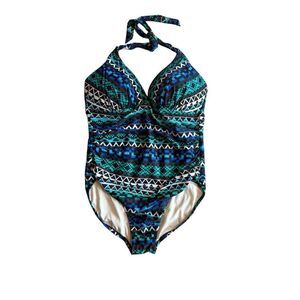 5/$25 SALE Merona Geometric Print Green Black Halter One Piece Padded Swimsuit